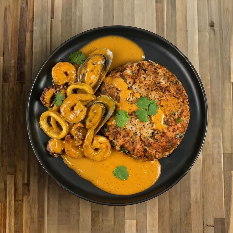 Tacu Tacu con Picante de Mariscos.