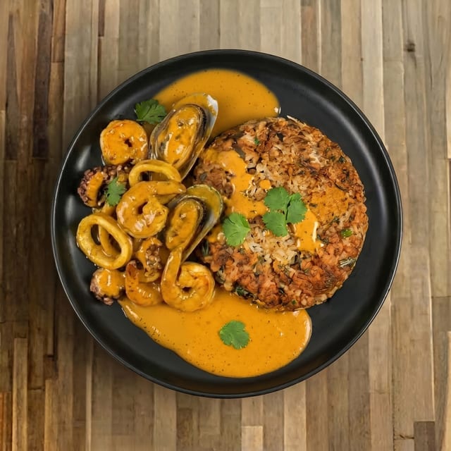 Tacu Tacu con Picante de Mariscos.